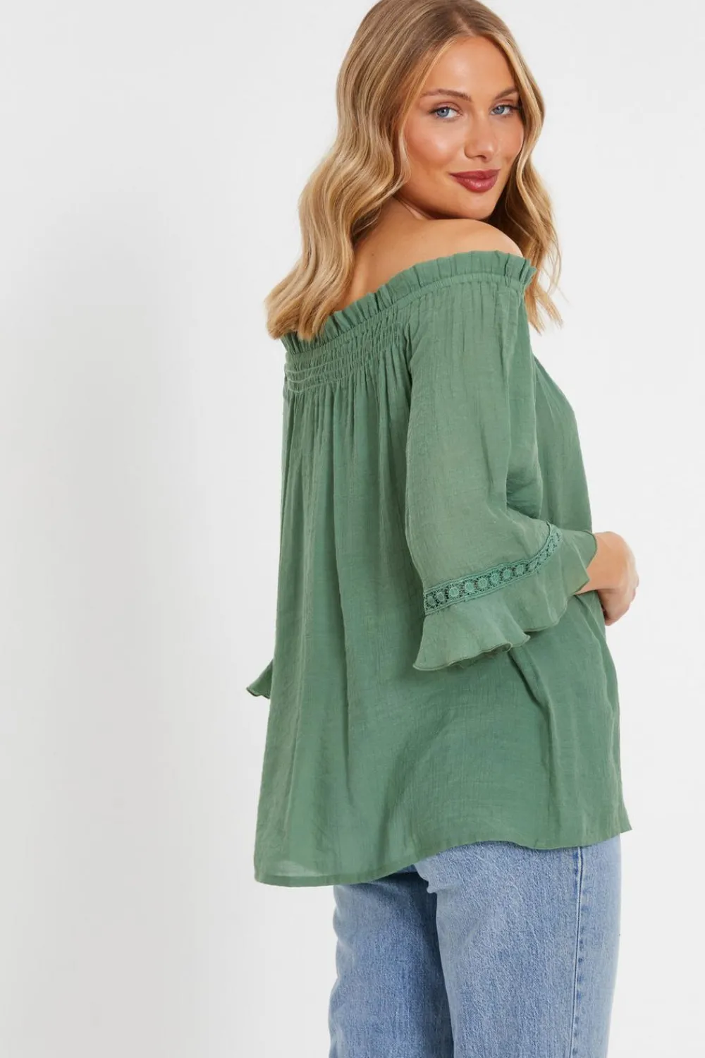 Quiz Summer Tops|Day Tops>Khaki Textured Bardot Top