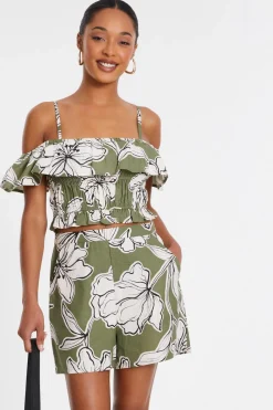 Quiz Summer Tops|Day Tops>Khaki Tropical Print Bardot Crop Top