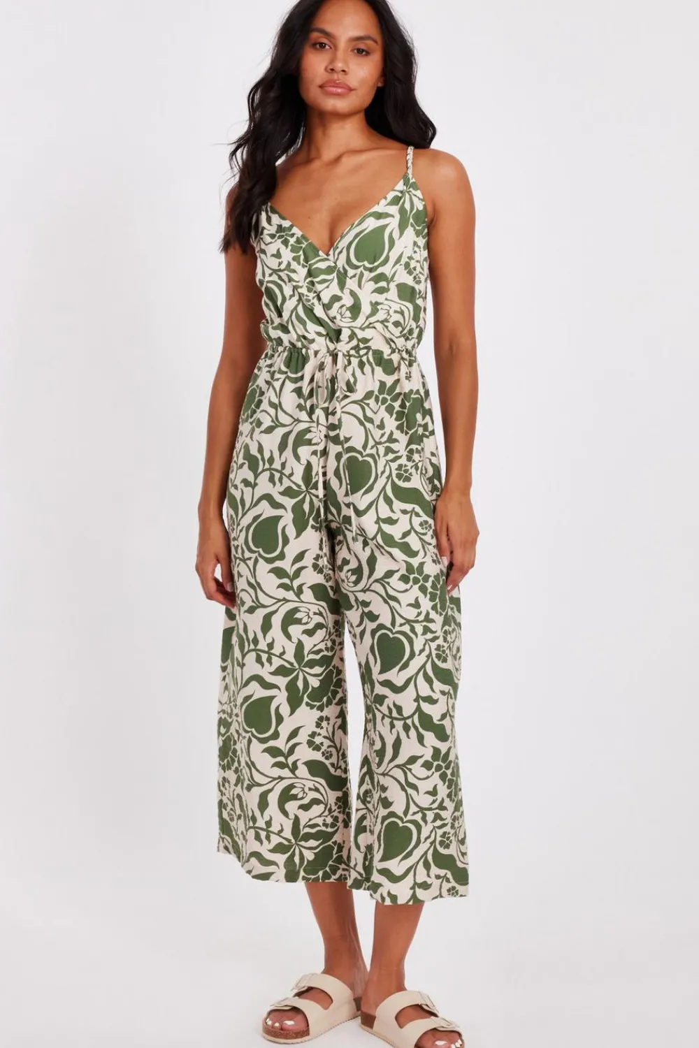 Quiz Summer Jumpsuits|Summer Clothes>Khaki Tropical Print Jumpsuit