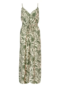 Quiz Summer Jumpsuits|Summer Clothes>Khaki Tropical Print Jumpsuit