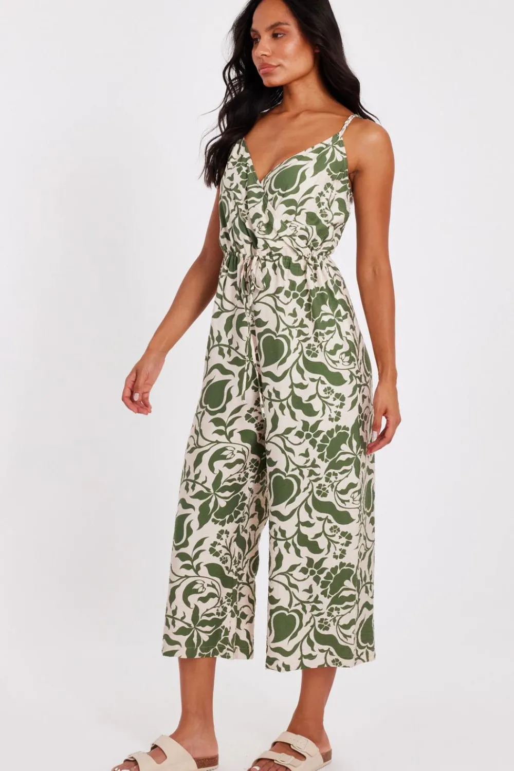 Quiz Summer Jumpsuits|Summer Clothes>Khaki Tropical Print Jumpsuit