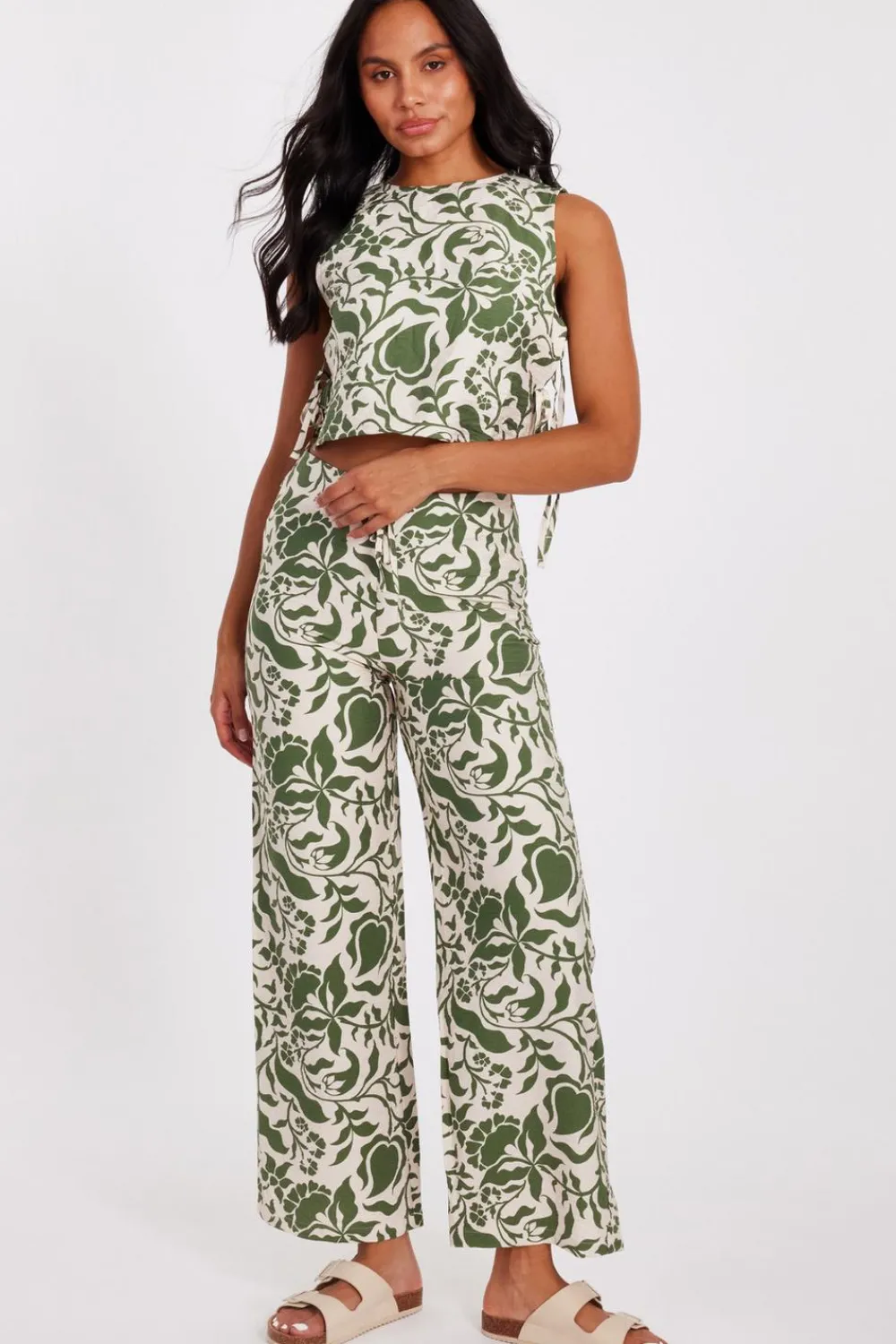 Quiz Trousers|Summer Clothes>Khaki Tropical Print Trousers