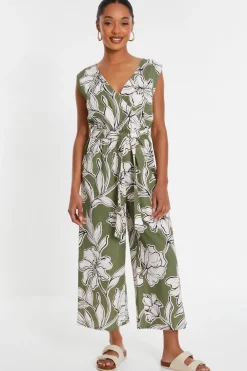Quiz Summer Jumpsuits|Summer Clothes>Khaki Tropical Print Wrap Jumpsuit