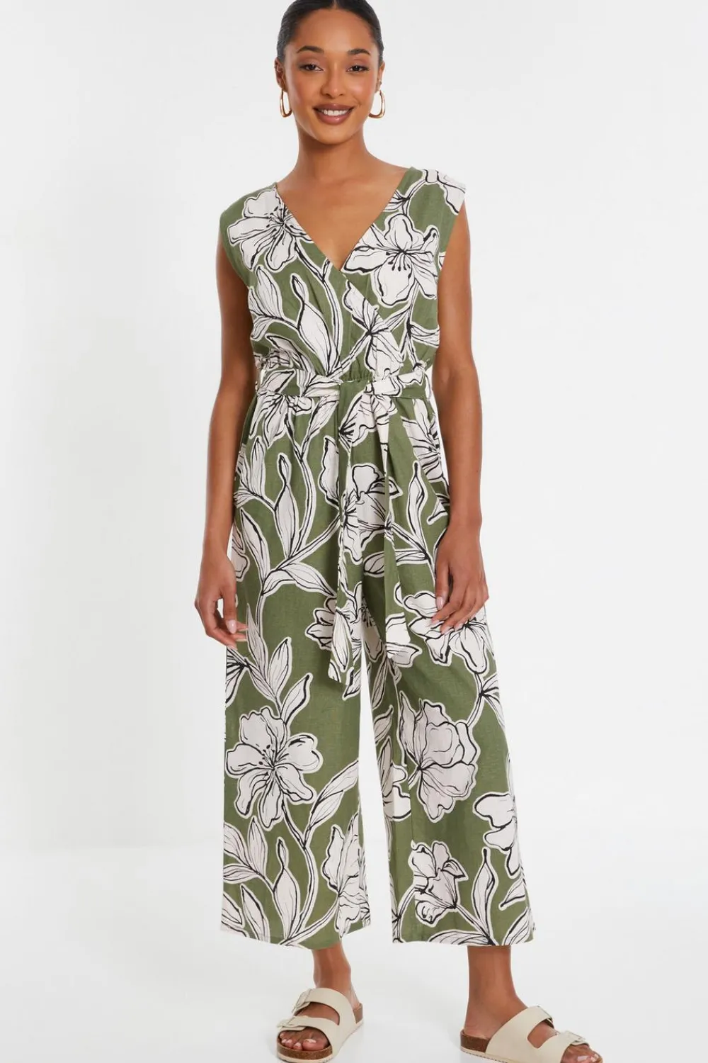 Quiz Summer Jumpsuits|Summer Clothes>Khaki Tropical Print Wrap Jumpsuit