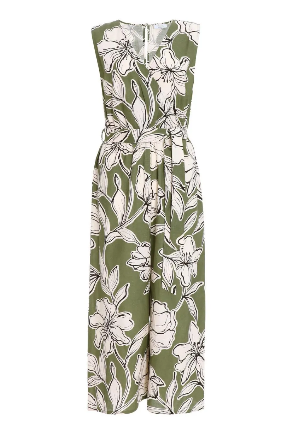 Quiz Summer Jumpsuits|Summer Clothes>Khaki Tropical Print Wrap Jumpsuit