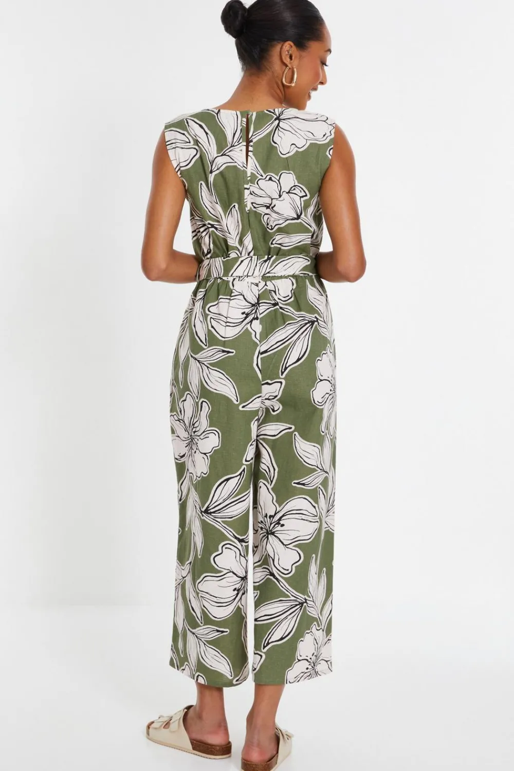 Quiz Summer Jumpsuits|Summer Clothes>Khaki Tropical Print Wrap Jumpsuit