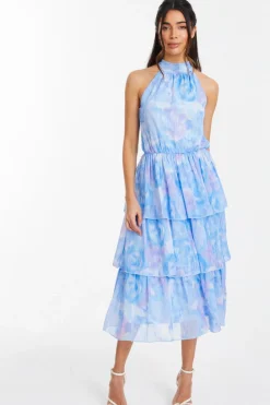 Quiz Wedding Guest Dresses|Ruffle Dresses>Light Blue Floral High Neck Tiered Midi Dress