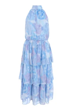 Quiz Wedding Guest Dresses|Ruffle Dresses>Light Blue Floral High Neck Tiered Midi Dress