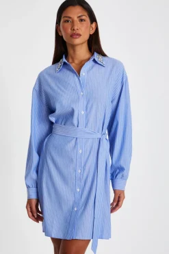 Quiz Workwear|Summer Clothes>Light Blue Pinstripe Mini Shirt Dress