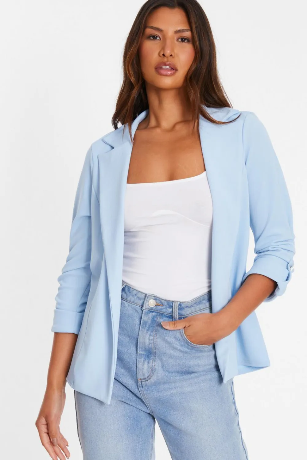 Quiz Workwear|Summer Clothes>Light Blue Ruched Sleeve Blazer
