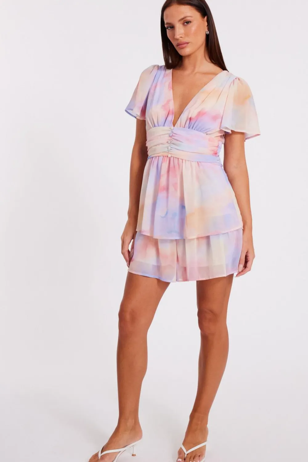 Quiz Playsuits|Summer Clothes>Light Pink Tie Dye Tiered Playsuit