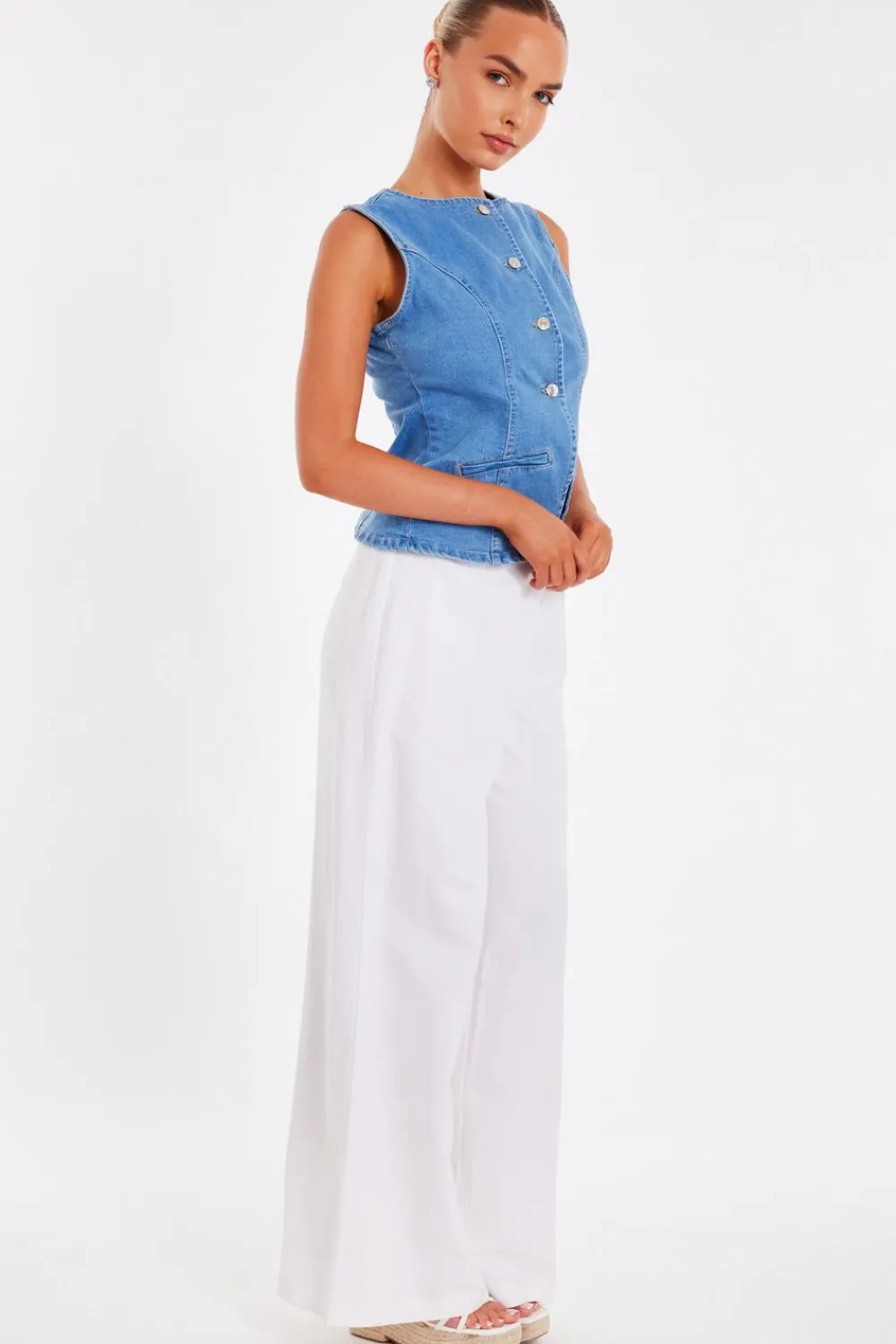 Quiz Waistcoat|Summer Tops>Light Wash Denim Waistcoat