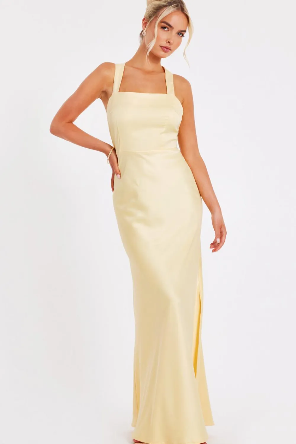 Quiz Christening Guest|Dresses>Light Yellow Satin Maxi Dress