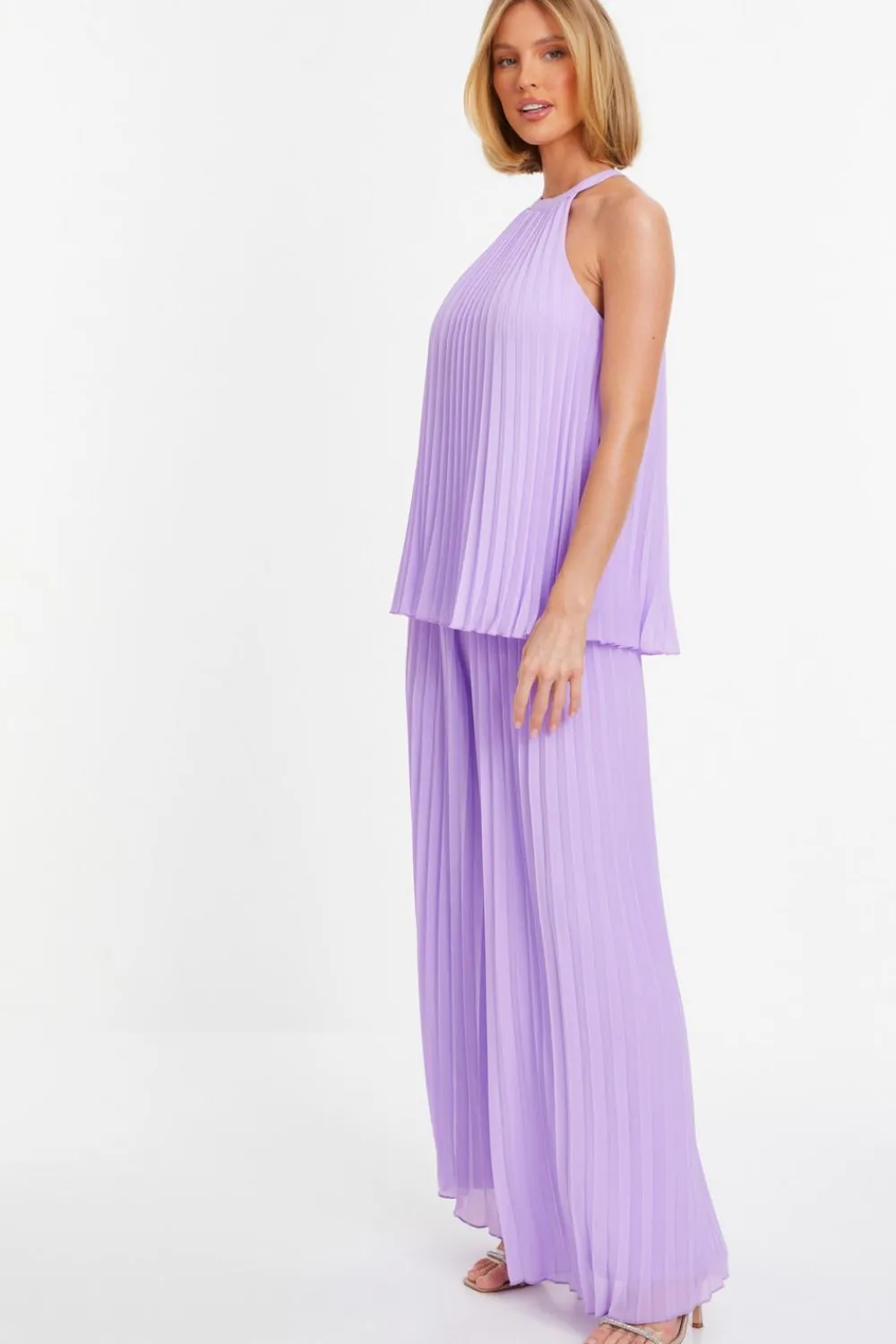 Quiz Summer Tops|Going Out Tops>Lilac Chiffon Pleated High Neck Top