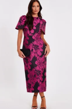 Quiz Evening Dresses|Day At The Races>Magenta Floral Short Sleeve Midaxi Dress
