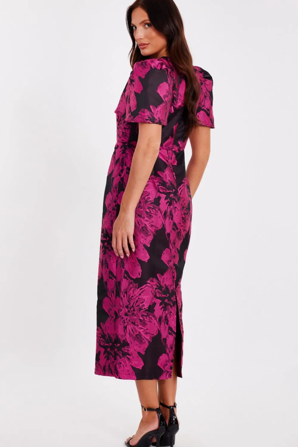 Quiz Evening Dresses|Day At The Races>Magenta Floral Short Sleeve Midaxi Dress
