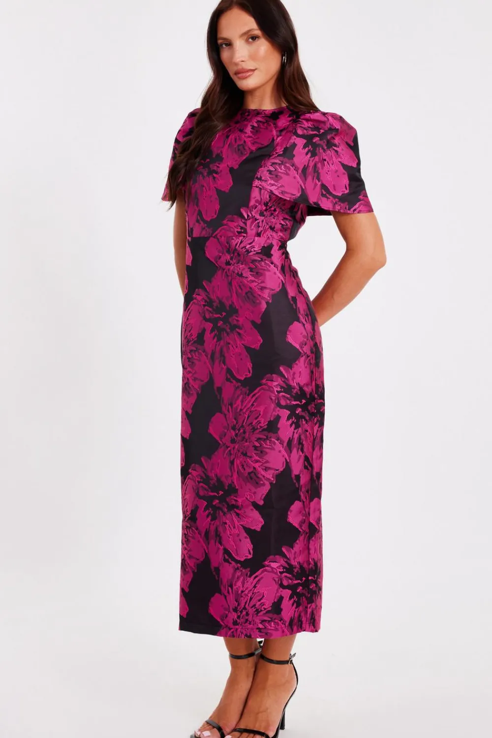 Quiz Evening Dresses|Day At The Races>Magenta Floral Short Sleeve Midaxi Dress