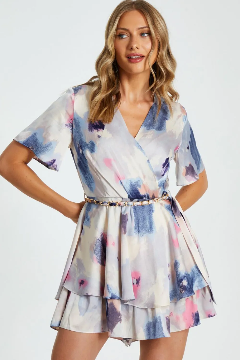 Quiz Playsuits|Summer Clothes>Marble Print Tiered Playsuit