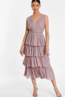 Quiz Wedding Guest Dresses|Pink Dresses>Mauve Chiffon Tiered Midi Dress
