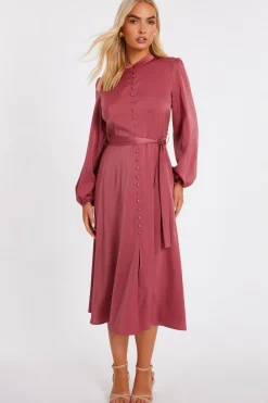 Quiz Evening Dresses|Day At The Races>Mauve Satin Button Front Midaxi Dress