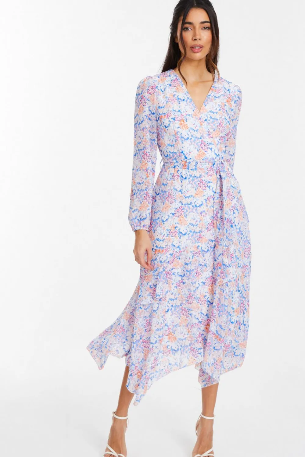 Quiz Holiday|Florals>Multicoloured Ditsy Print Chiffon Wrap Midi Dress