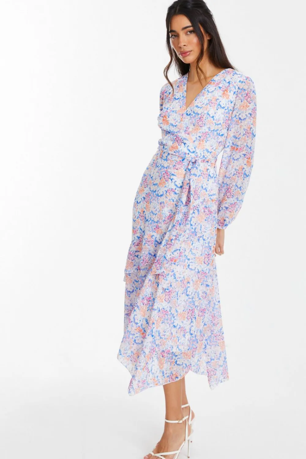 Quiz Holiday|Florals>Multicoloured Ditsy Print Chiffon Wrap Midi Dress