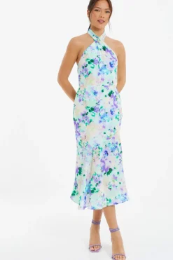 Quiz Evening Dresses|Florals>Multicoloured Floral Halter Neck Midi Dress