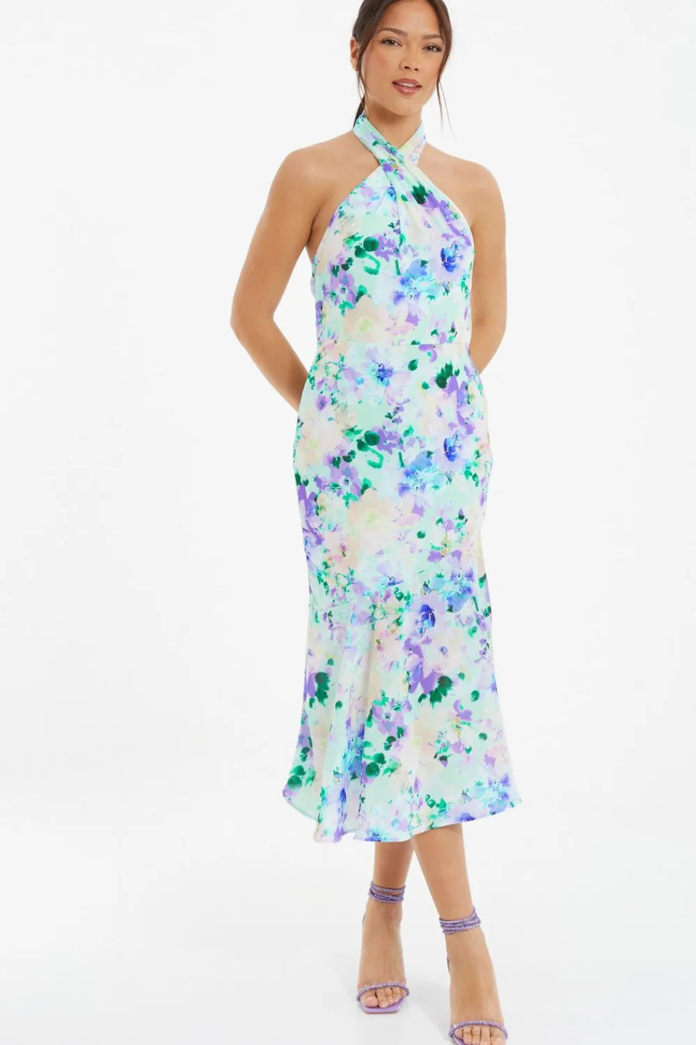 Quiz Evening Dresses|Florals>Multicoloured Floral Halter Neck Midi Dress