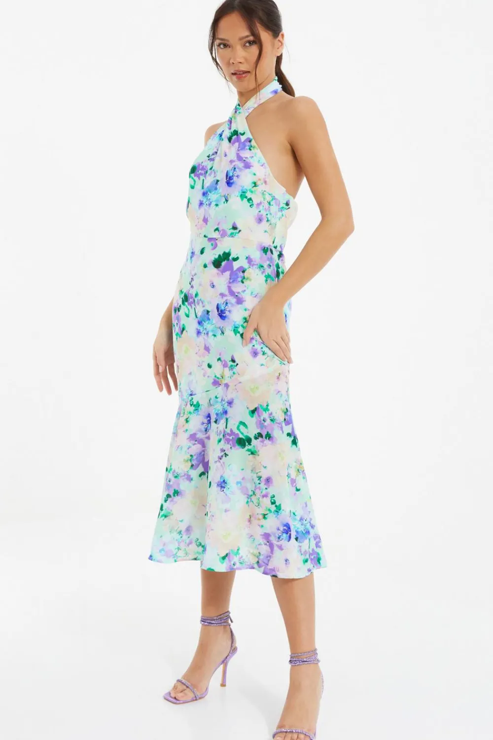 Quiz Evening Dresses|Florals>Multicoloured Floral Halter Neck Midi Dress