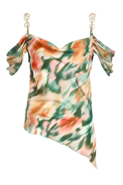 Quiz Summer Tops|Going Out Tops>Multicoloured Marble Print Satin Asymmetric Top