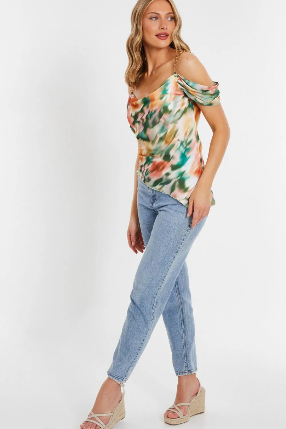 Quiz Summer Tops|Going Out Tops>Multicoloured Marble Print Satin Asymmetric Top
