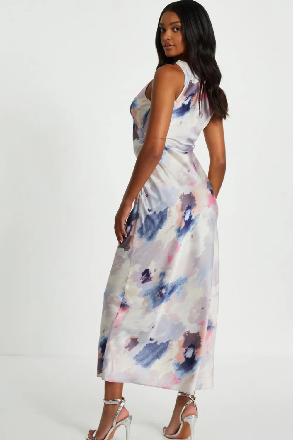 Quiz Christening Guest|Summer Clothes>Multicoloured Marble Satin Twist Shoulder Midaxi Dress