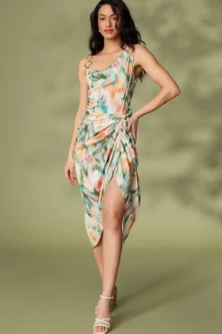 Quiz Wedding Guest Dresses|Satin Dresses>Multicoloured Satin Marble Print Ruched Midi Dress