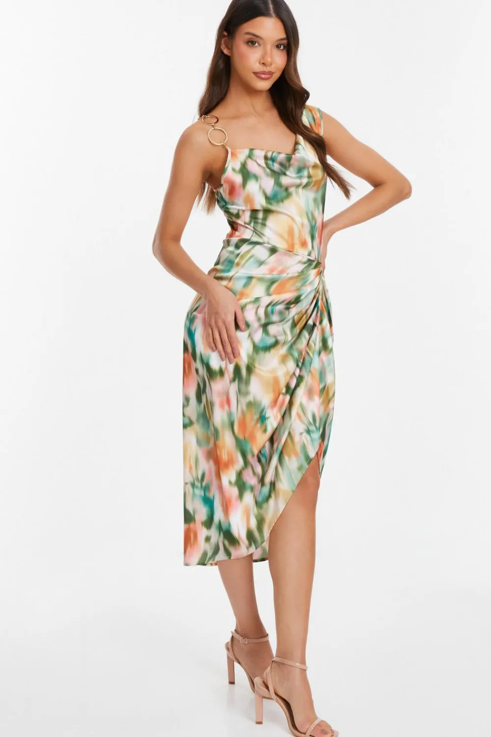 Quiz Wedding Guest Dresses|Satin Dresses>Multicoloured Satin Marble Print Ruched Midi Dress