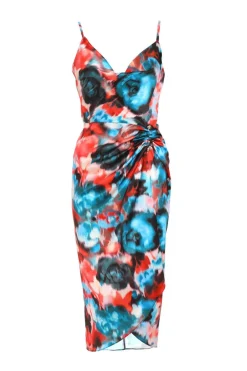 Quiz Wrap Dresses|Wedding Guest Dresses>Multicoloured Satin Smudge Print Wrap Midi Dress