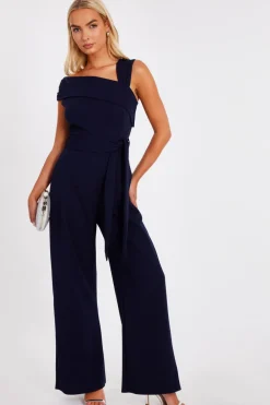 Quiz Occasion Jumpsuits|Going Out Jumpsuits>Navy Asymmetric Wide Leg Jumpsuit