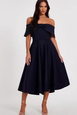 Quiz Evening Dresses|Day At The Races>Navy Bardot Bow Skater Dress