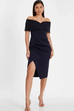 Quiz Christening Guest|Wedding Guest Dresses>Navy Bardot Ruched Midi Dress