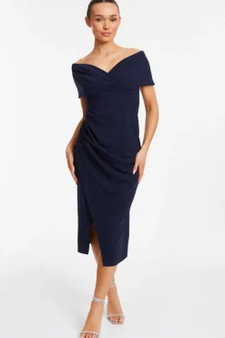 Quiz Wrap Dresses|Wedding Guest Dresses>Navy Bardot Ruched Wrap Midi Dress