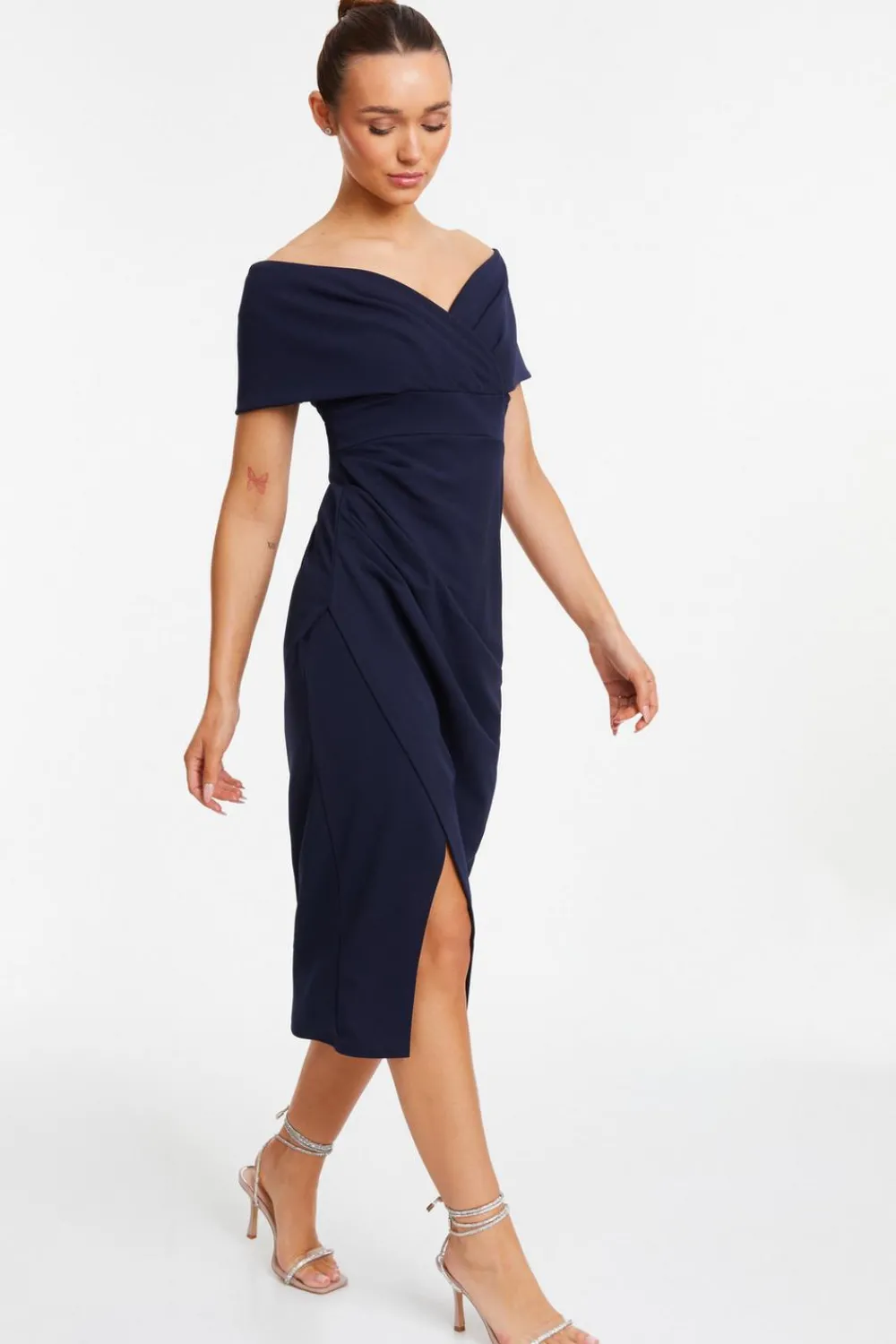 Quiz Wrap Dresses|Wedding Guest Dresses>Navy Bardot Ruched Wrap Midi Dress