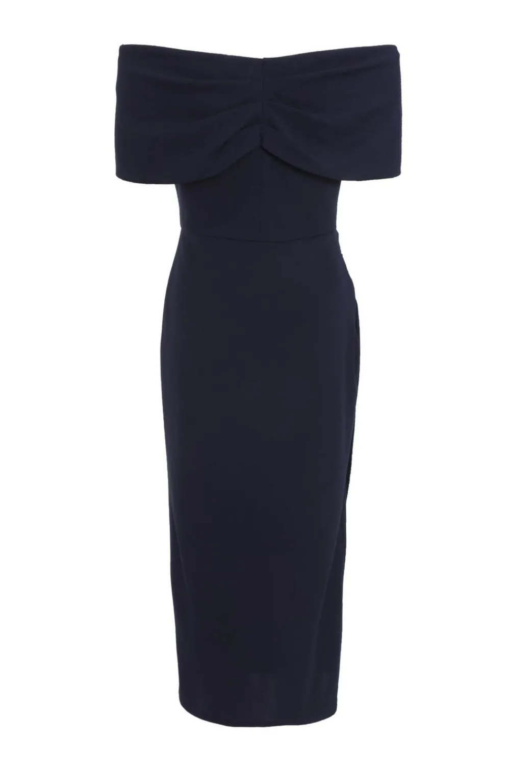 Quiz Wrap Dresses|Wedding Guest Dresses>Navy Bardot Ruched Wrap Midi Dress