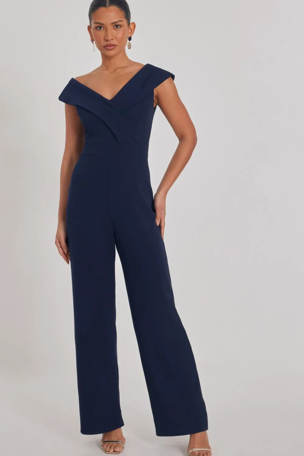 Quiz Going Out Jumpsuits|Jumpsuits>Navy Bardot Wide Leg Jumpsuit