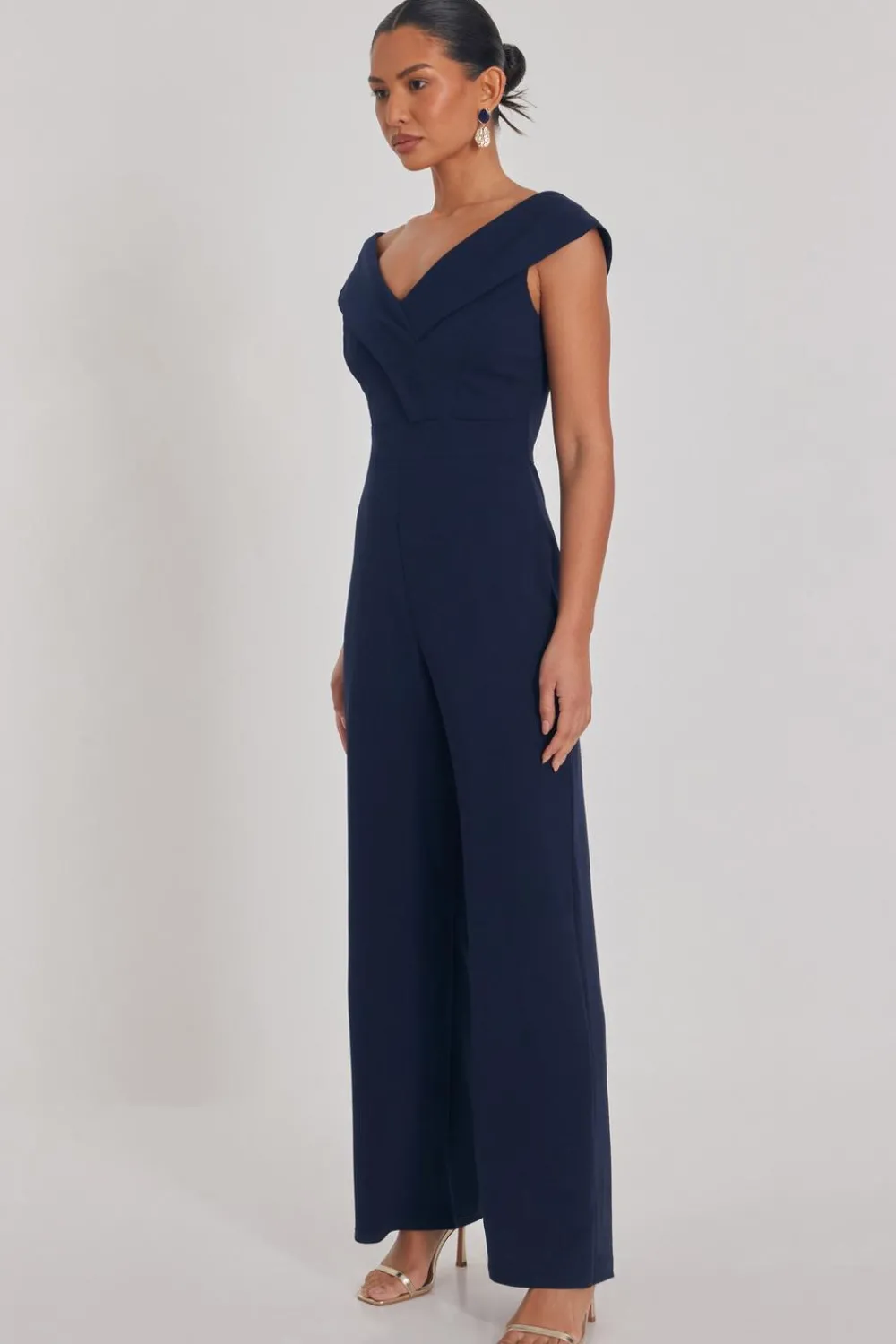 Quiz Going Out Jumpsuits|Jumpsuits>Navy Bardot Wide Leg Jumpsuit