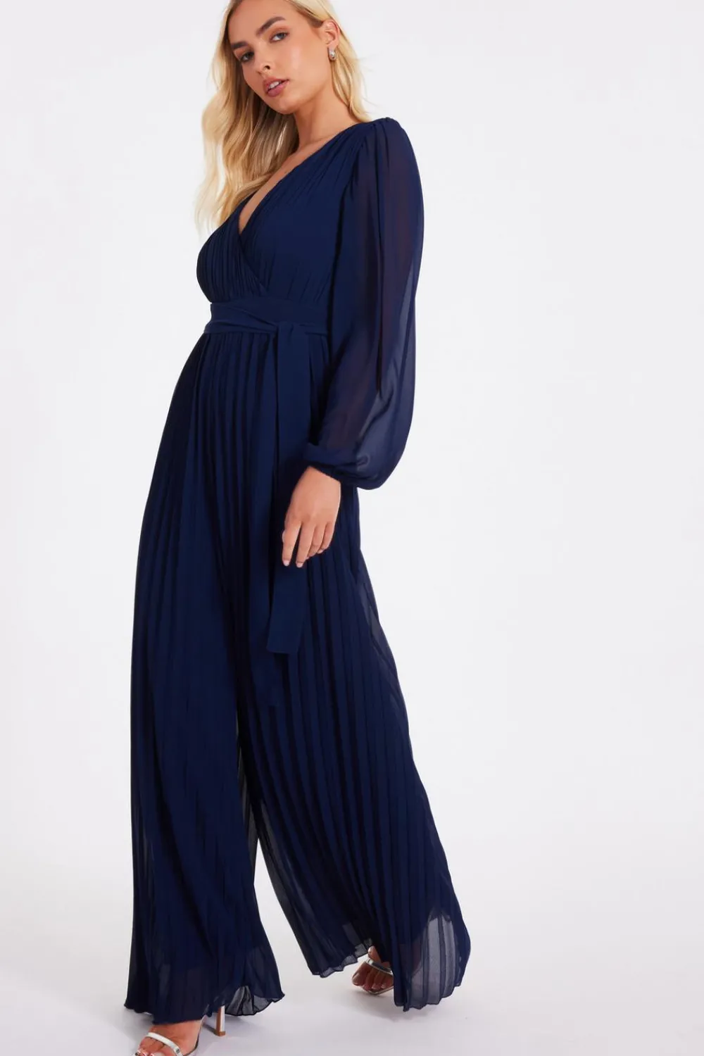 Quiz Occasion Jumpsuits|Evening Jumpsuits>Navy Chiffon Pleated Jumpsuit