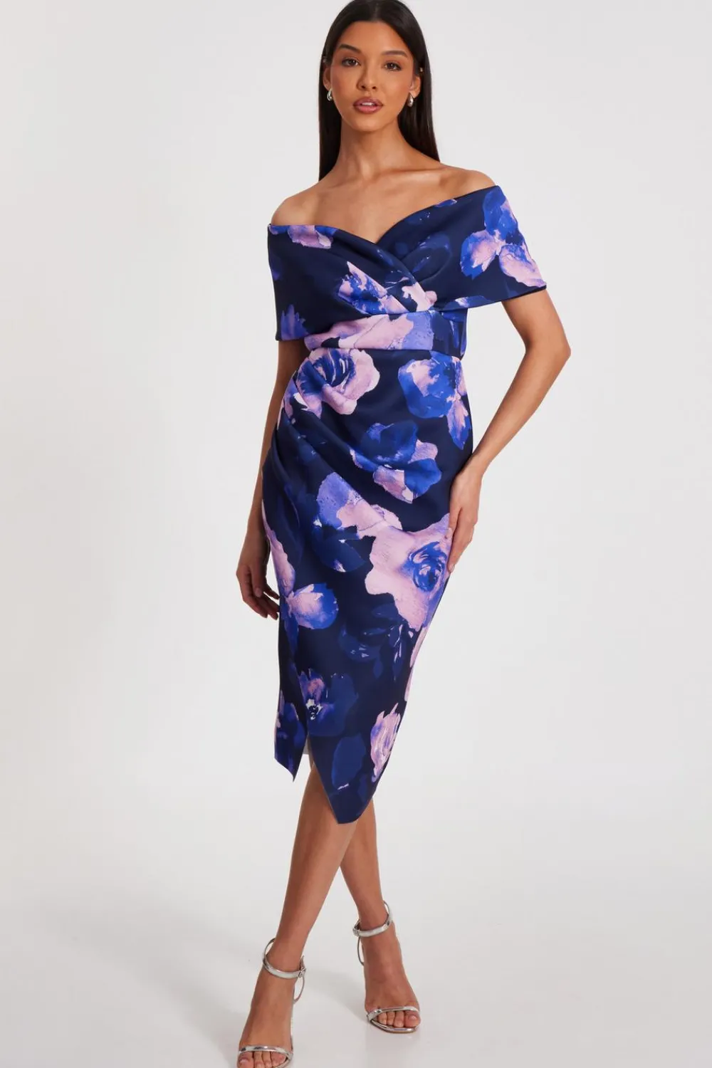 Quiz Day At The Races|Christening Guest>Navy Floral Bardot Midi Dress