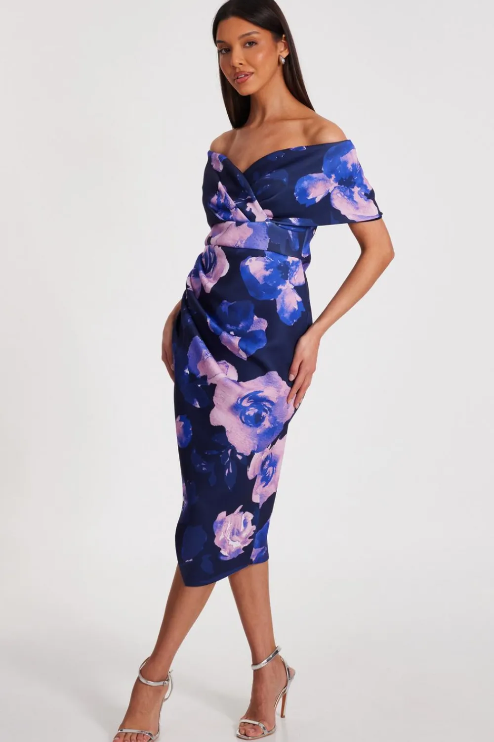 Quiz Day At The Races|Christening Guest>Navy Floral Bardot Midi Dress