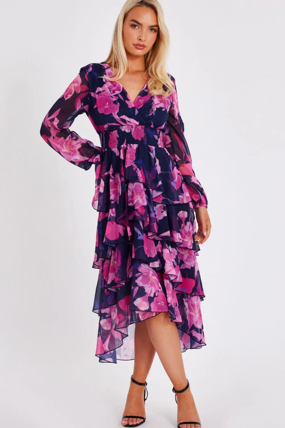 Quiz Day At The Races|Christening Guest>Navy Floral Dip Hem Midaxi Dress