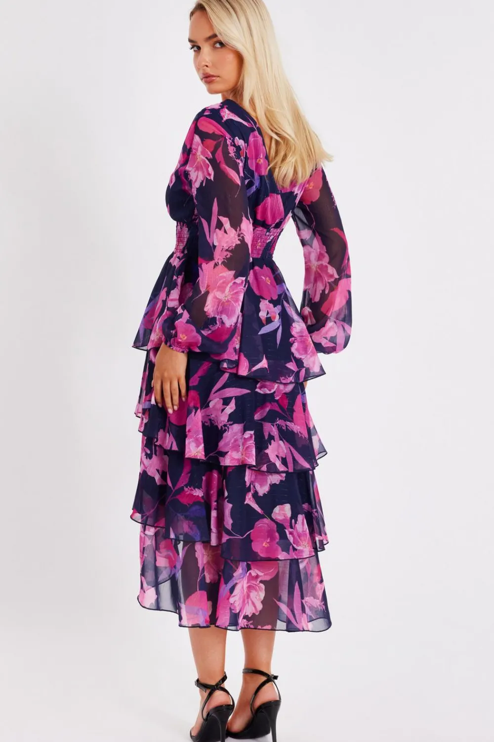 Quiz Day At The Races|Christening Guest>Navy Floral Dip Hem Midaxi Dress