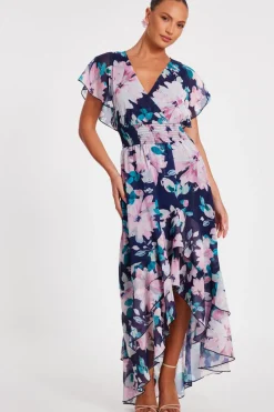Quiz Day At The Races|Christening Guest>Navy Floral Tiered Midi Dress