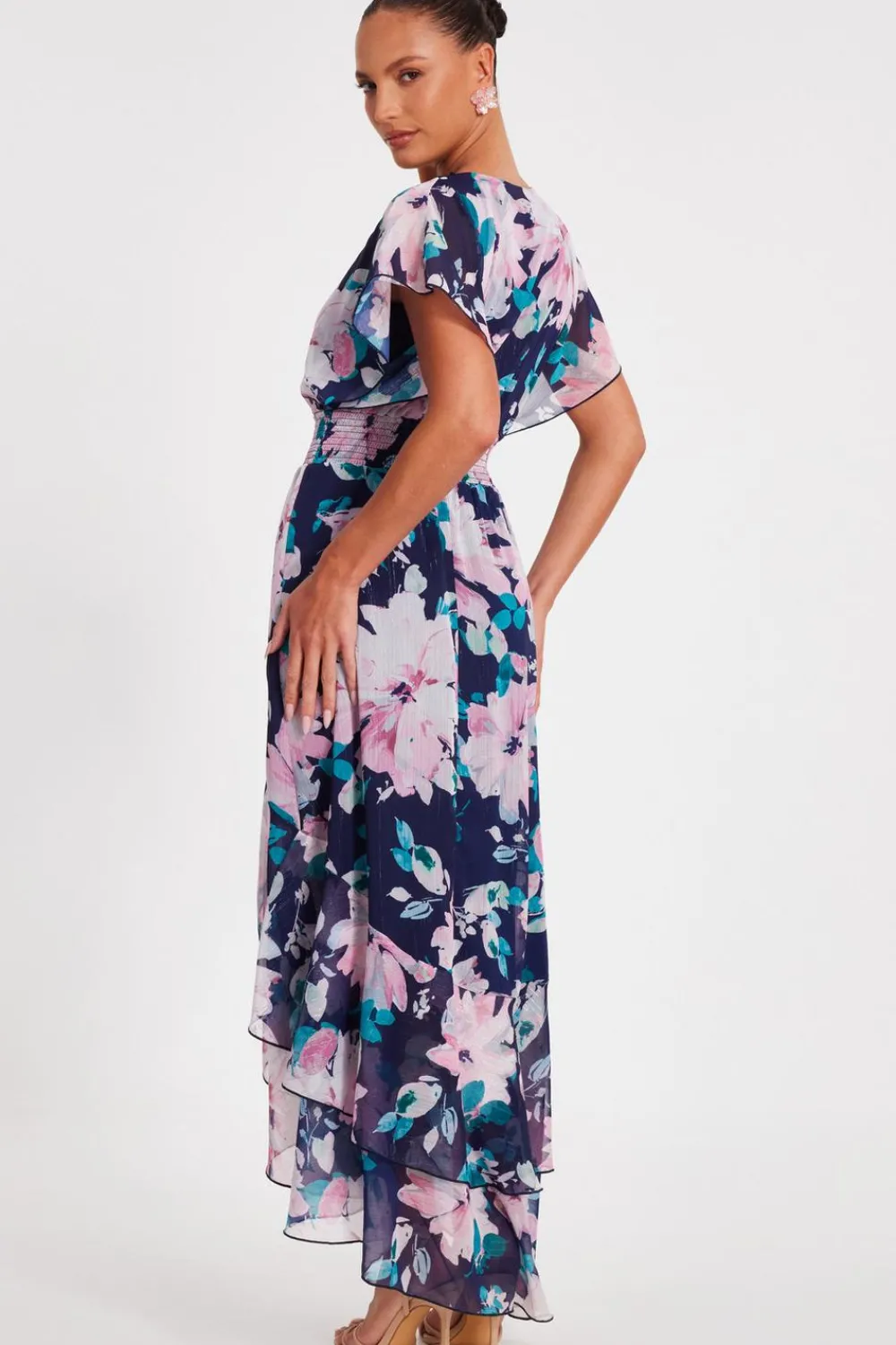 Quiz Day At The Races|Christening Guest>Navy Floral Tiered Midi Dress